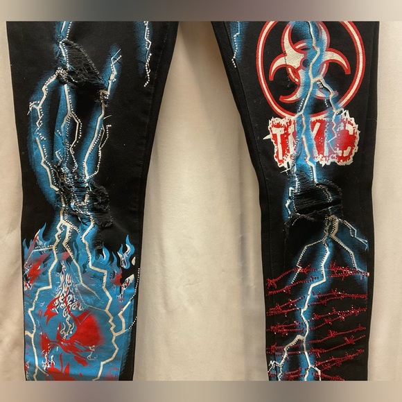 NWT GFTD Los Angeles SAVAGE Skinny Distressed Painted Black Jeans 34” X 32” - Picture 4 of 10